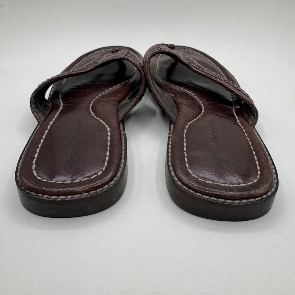 Tommy Bahama Anchors Away Mens Sz 11 D Brown Leather Woven Flip Flop Sandals
